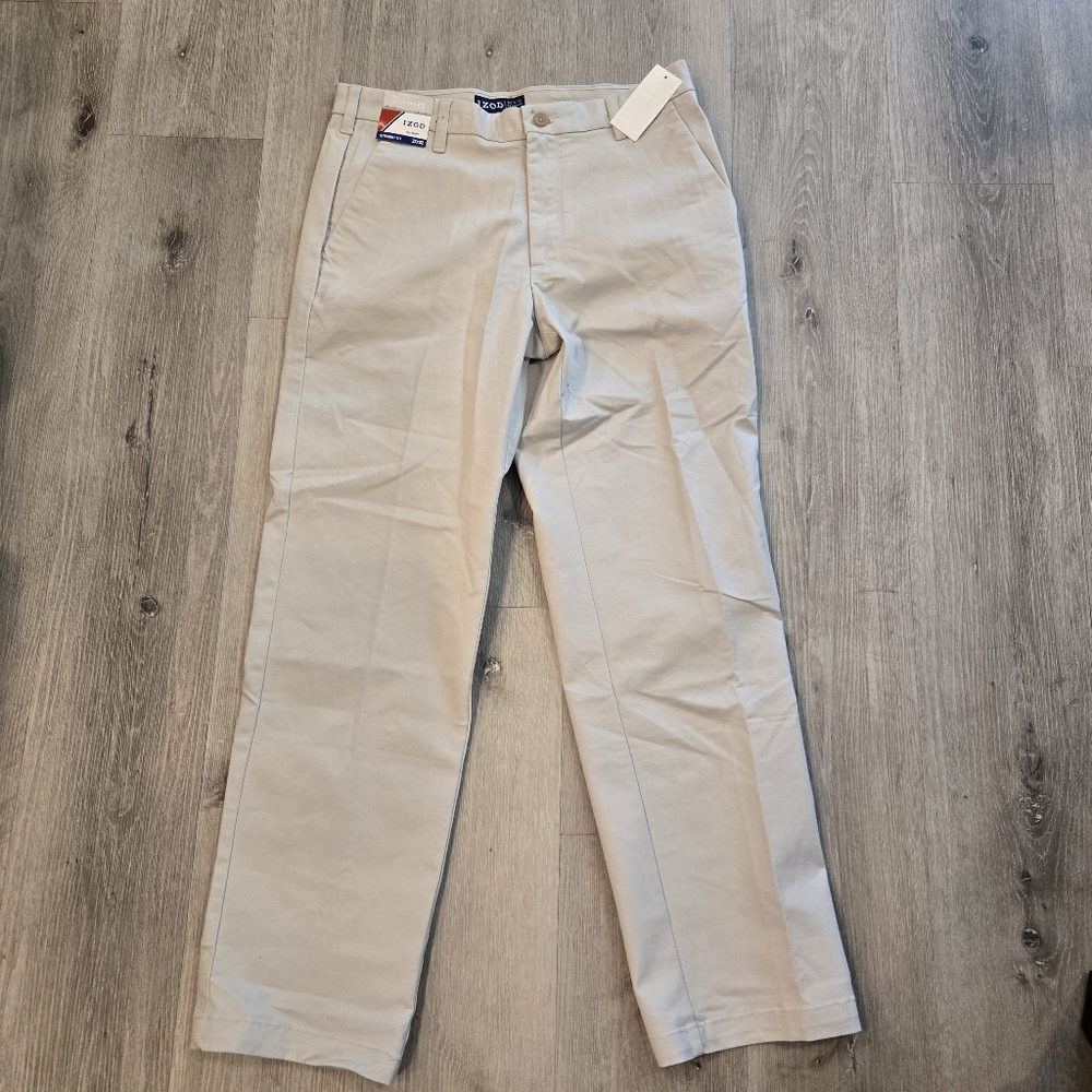 IZOD Flat Front Straight Fit Performance Plus Stretch Pants 33x32 Warm Pearl NWT